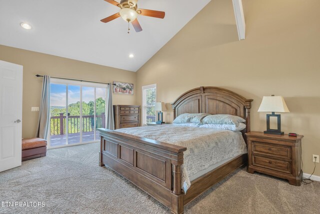 carpeted bedroom with high vaulted ceiling, ceiling fan, and access to outside