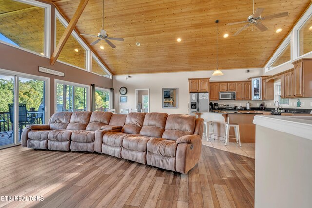 living room featuring ceiling fan, light wood-type flooring, high vaulted ceiling, and wooden ceiling