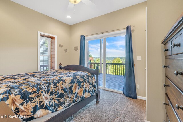 bedroom with access to outside, ceiling fan, and light colored carpet