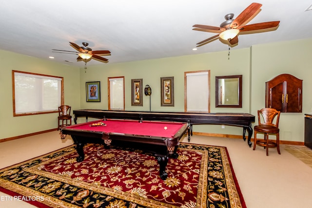 game room featuring billiards, ceiling fan, and carpet flooring