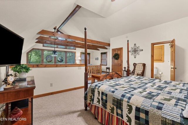 bedroom featuring carpet flooring and lofted ceiling with beams