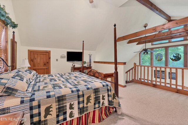 bedroom with carpet flooring and vaulted ceiling with beams