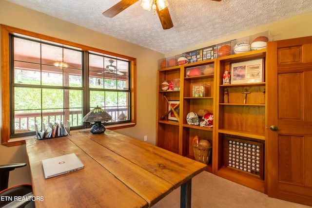 office area with a textured ceiling, carpet flooring, and ceiling fan