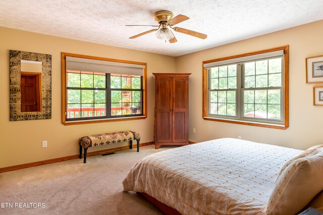 bedroom featuring ceiling fan, a textured ceiling, and multiple windows