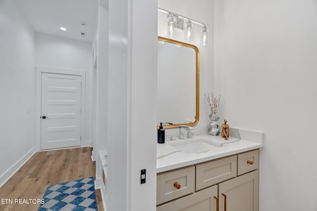 bathroom with vanity and wood-type flooring