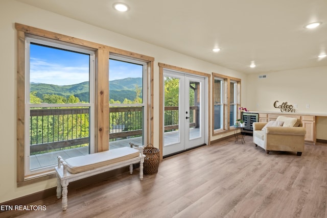 doorway featuring light hardwood / wood-style flooring, a mountain view, and french doors