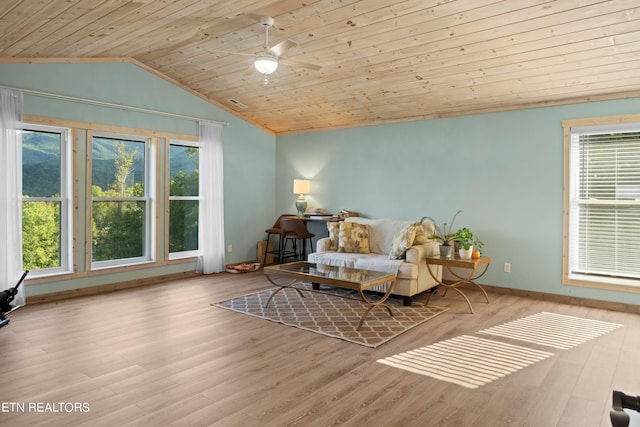 sitting room featuring light hardwood / wood-style flooring, wood ceiling, vaulted ceiling, and ceiling fan