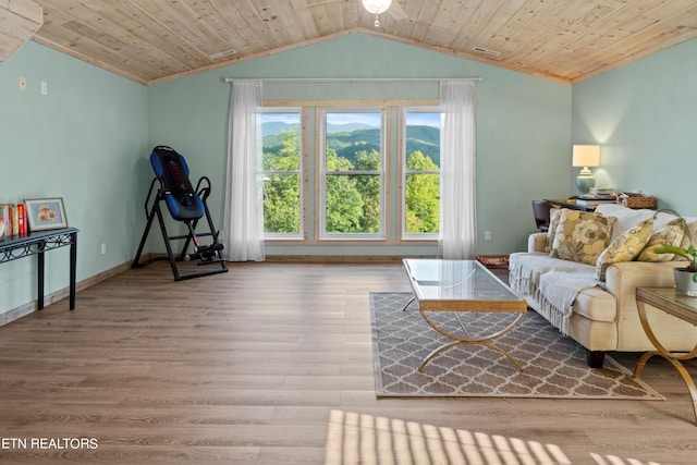 living room featuring light hardwood / wood-style flooring, wood ceiling, and lofted ceiling