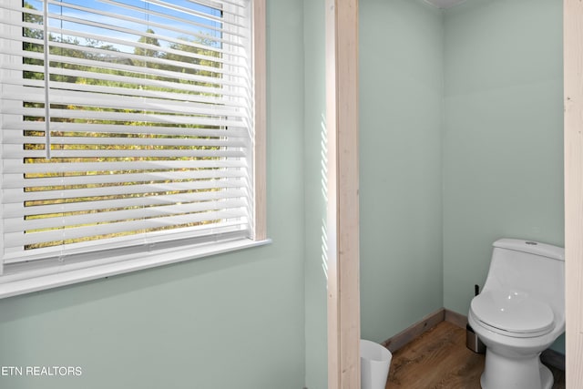 bathroom with wood-type flooring, toilet, and a healthy amount of sunlight