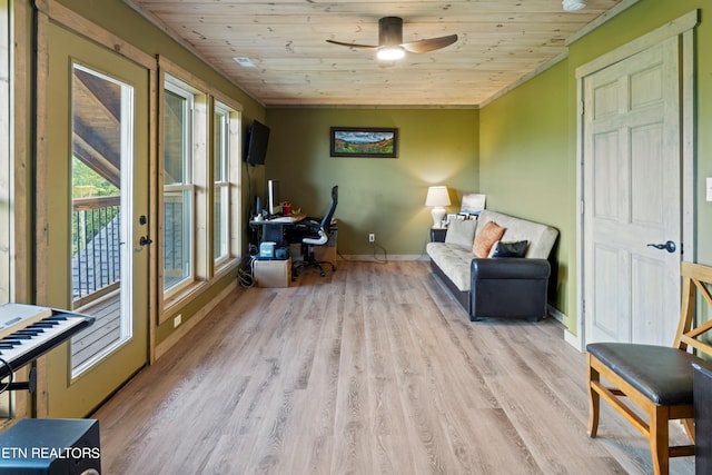 sitting room featuring light wood-type flooring, ceiling fan, and wooden ceiling