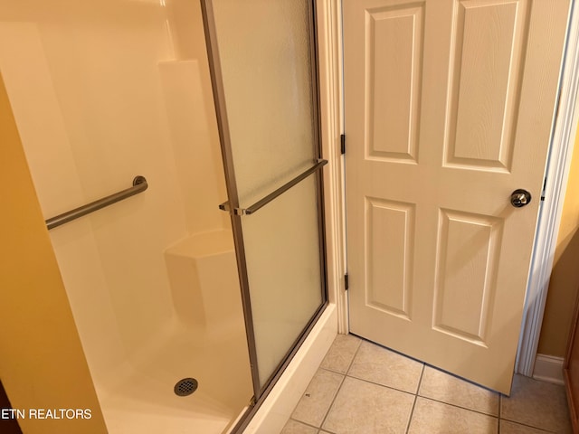 bathroom featuring walk in shower and tile patterned floors