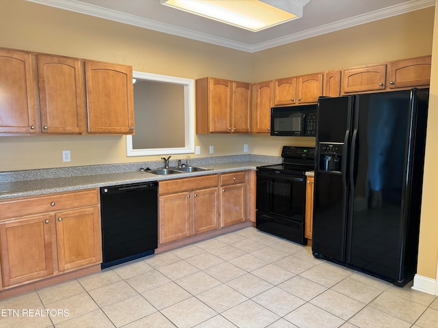 kitchen featuring ornamental molding, black appliances, light tile patterned floors, and sink