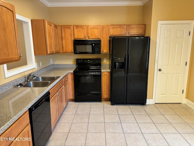 kitchen featuring light tile patterned floors, crown molding, stone countertops, sink, and black appliances