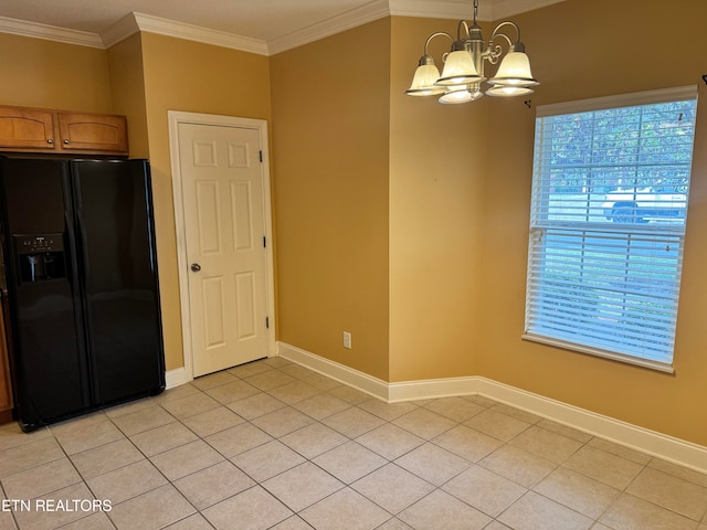 unfurnished dining area featuring ornamental molding, light tile patterned flooring, and a notable chandelier