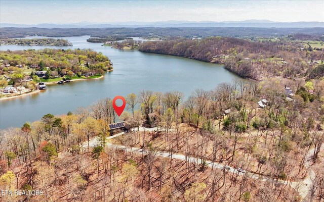 birds eye view of property with a water and mountain view