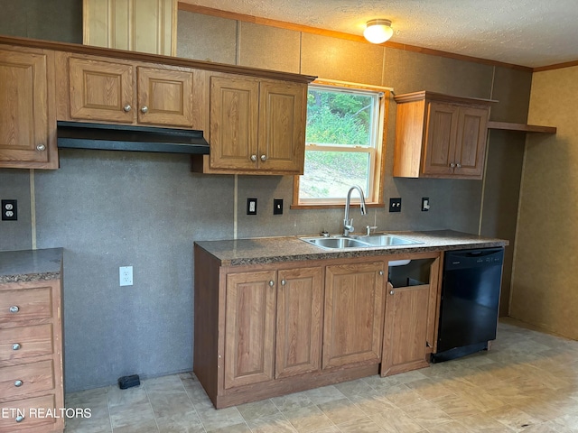 kitchen featuring black dishwasher, crown molding, sink, and a textured ceiling