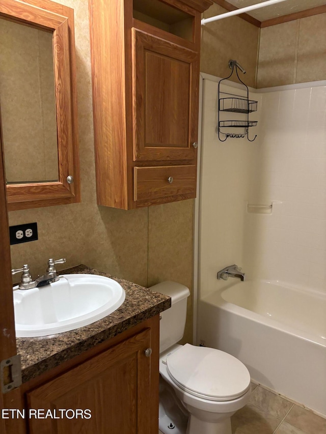 full bathroom featuring shower / bathtub combination, tile patterned flooring, toilet, and vanity