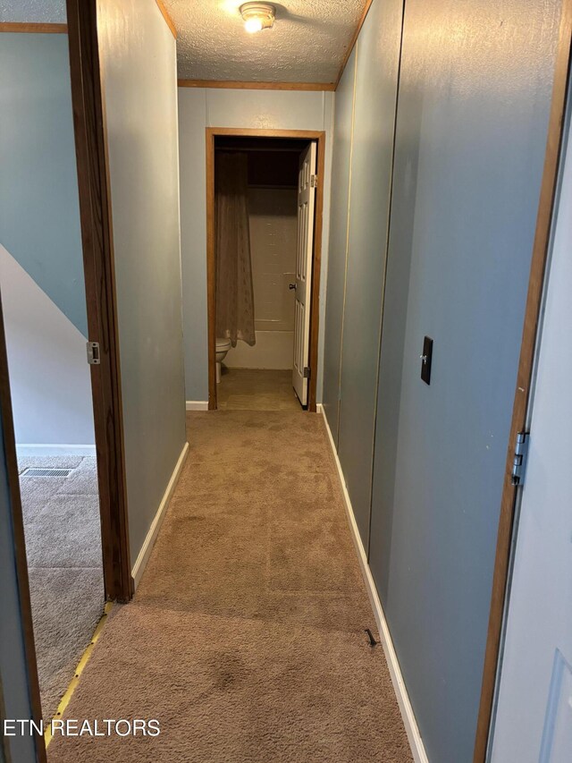 corridor featuring ornamental molding, a textured ceiling, and carpet