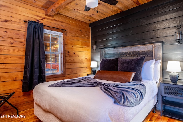 bedroom featuring wood ceiling, wood walls, beam ceiling, ceiling fan, and hardwood / wood-style flooring