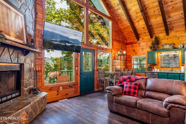 living room featuring beam ceiling, wooden walls, high vaulted ceiling, a fireplace, and dark hardwood / wood-style flooring