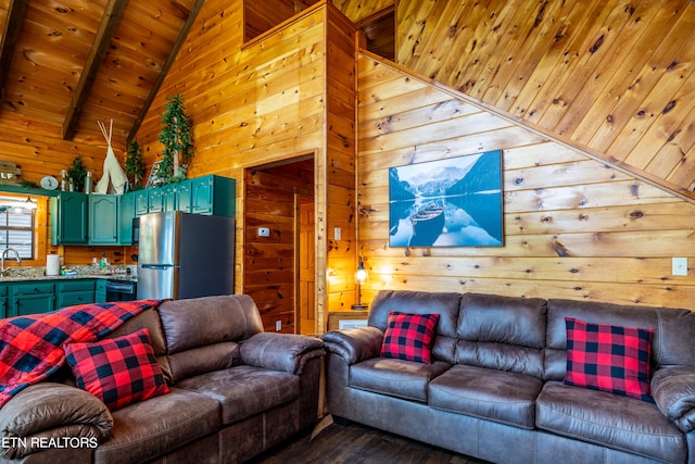 living room featuring beam ceiling, wood walls, dark hardwood / wood-style floors, and high vaulted ceiling