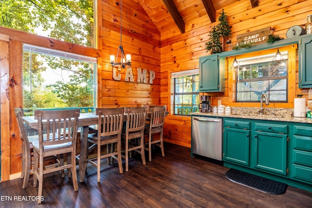 kitchen with wood walls, dishwasher, pendant lighting, and plenty of natural light