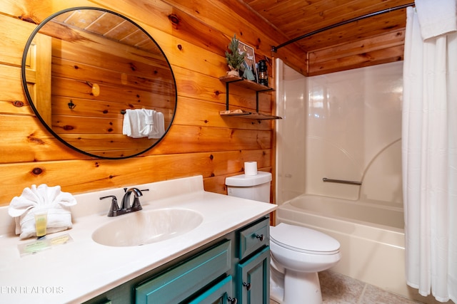 full bathroom featuring wood ceiling, shower / bath combination with curtain, wooden walls, vanity, and toilet