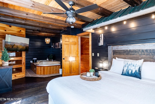 dining room featuring ceiling fan, wood ceiling, beam ceiling, wooden walls, and dark hardwood / wood-style floors