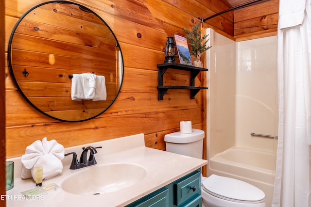 full bathroom with shower / tub combo with curtain, wood walls, vanity, and toilet