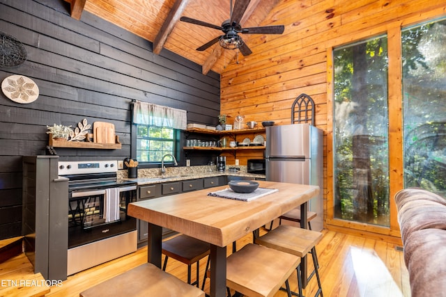 kitchen featuring appliances with stainless steel finishes, wood walls, wooden ceiling, light hardwood / wood-style flooring, and vaulted ceiling with beams