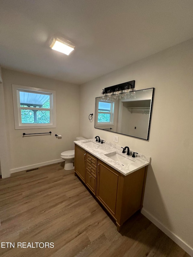 bathroom with vanity, toilet, and hardwood / wood-style flooring