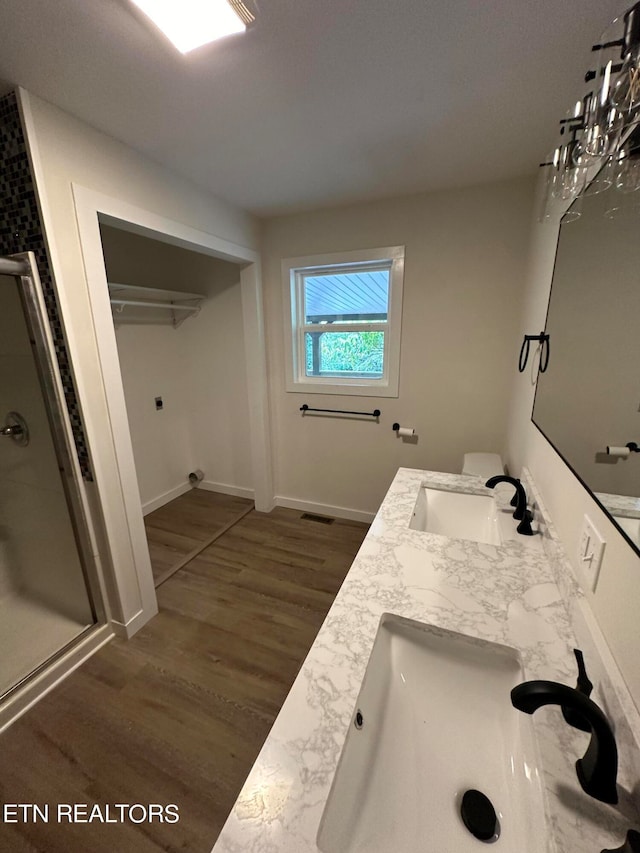 bathroom featuring a shower with shower door, hardwood / wood-style floors, and vanity