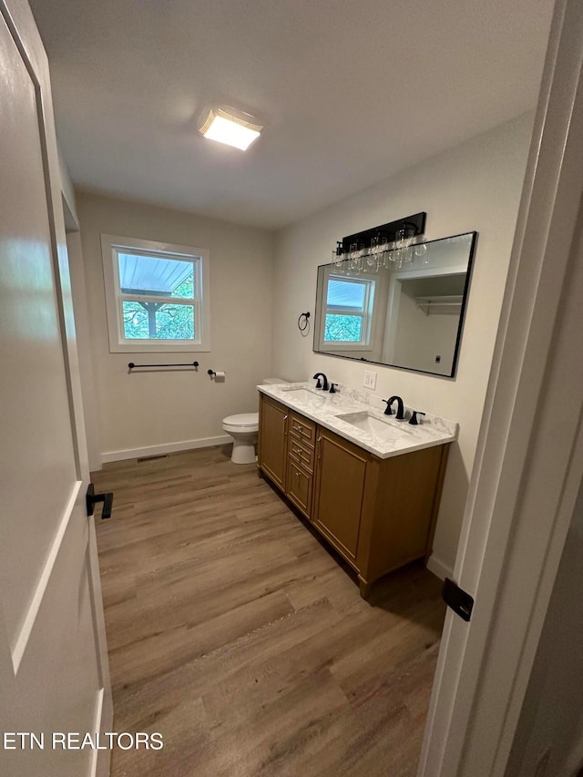 bathroom with wood-type flooring, toilet, and vanity