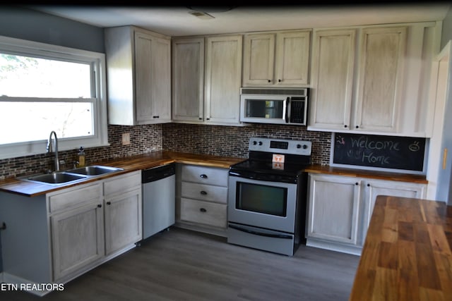 kitchen featuring a sink, decorative backsplash, appliances with stainless steel finishes, and wood counters