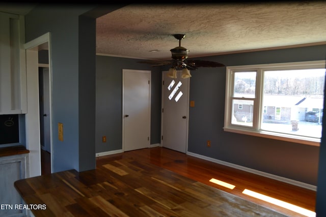 interior space featuring ceiling fan, baseboards, a textured ceiling, and wood finished floors