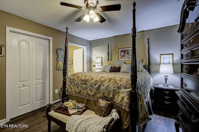 bedroom featuring ceiling fan and dark hardwood / wood-style flooring