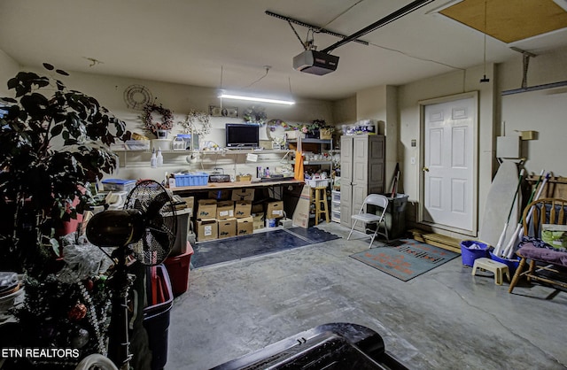 garage featuring a garage door opener and a workshop area