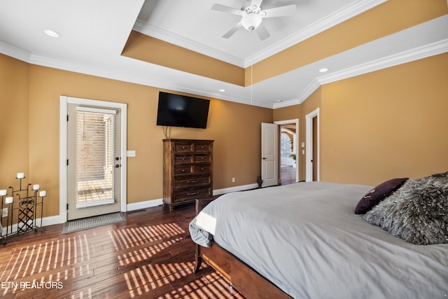 bedroom with multiple windows, access to outside, dark wood-type flooring, crown molding, and ceiling fan