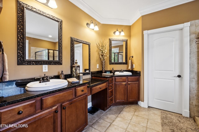 bathroom with vanity, tile patterned floors, and ornamental molding