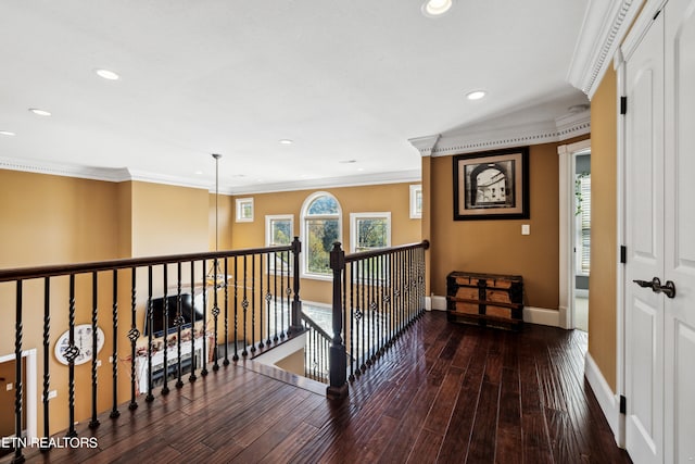 corridor featuring wood-type flooring and ornamental molding