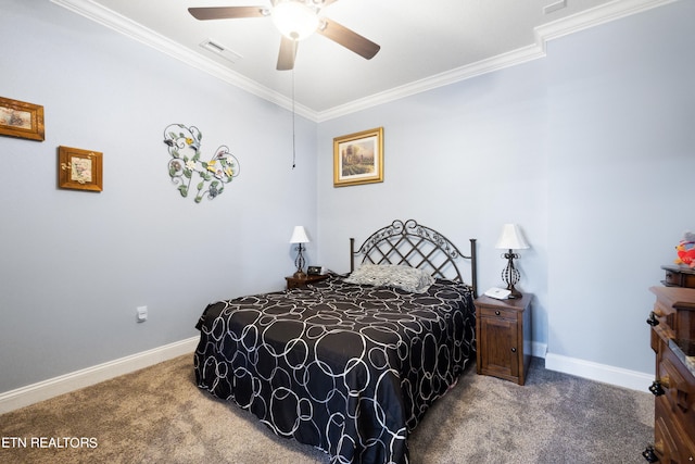 carpeted bedroom featuring ceiling fan and crown molding