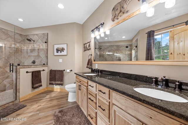 bathroom with hardwood / wood-style flooring, walk in shower, vanity, and toilet