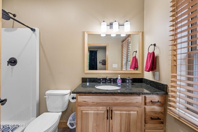 bathroom featuring vanity, a shower, and toilet