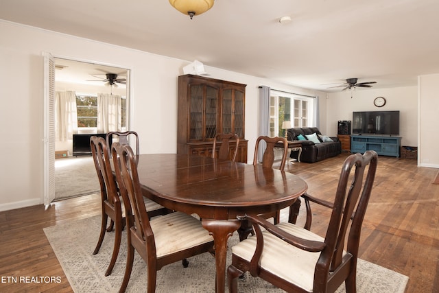 dining space featuring ceiling fan, dark hardwood / wood-style flooring, and plenty of natural light