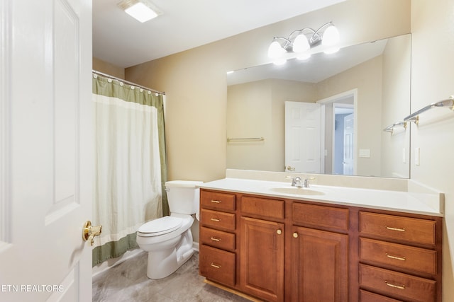 full bathroom with shower / bathtub combination with curtain, tile patterned flooring, vanity, and toilet