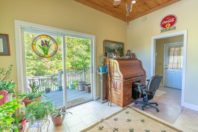 office area with wood ceiling and ceiling fan