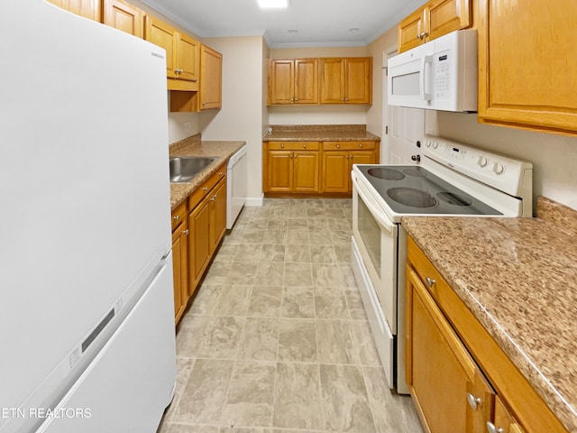 kitchen featuring ornamental molding, white appliances, and sink