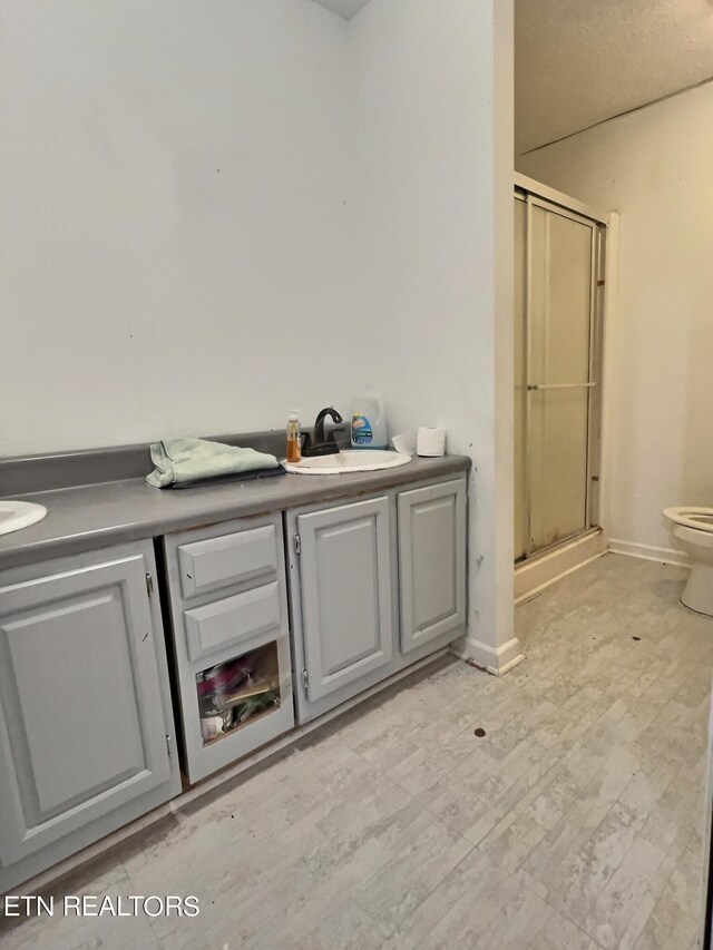 bathroom with walk in shower, toilet, hardwood / wood-style flooring, and vanity