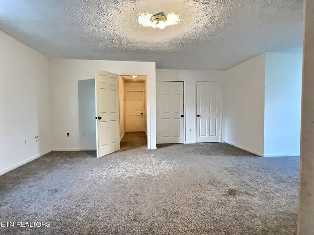 interior space with a textured ceiling, two closets, and carpet floors