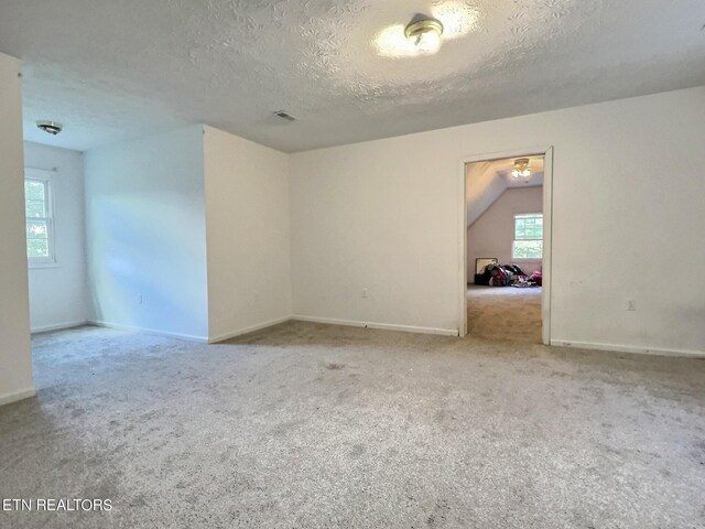 carpeted empty room featuring lofted ceiling and a textured ceiling